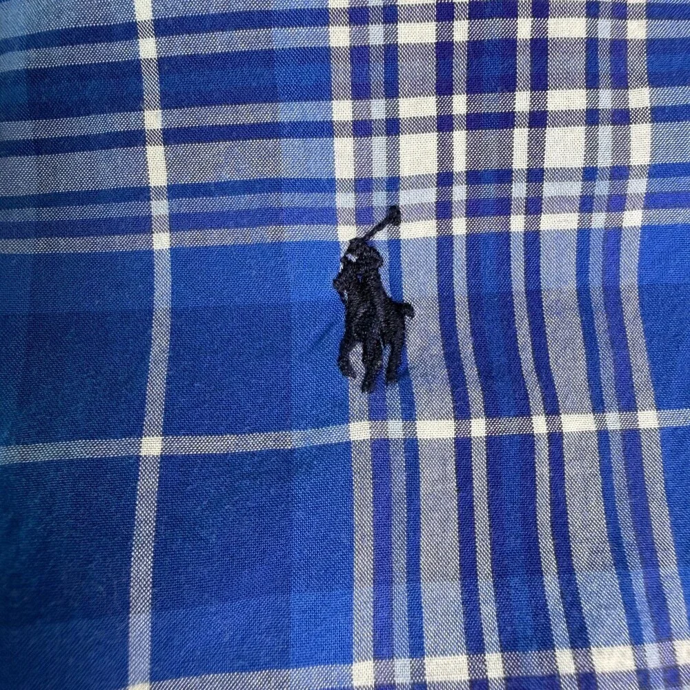Ralph Lauren Boys Blue Plaid Short Sleeve Button Down Shirt Size L 14-16 Cotton